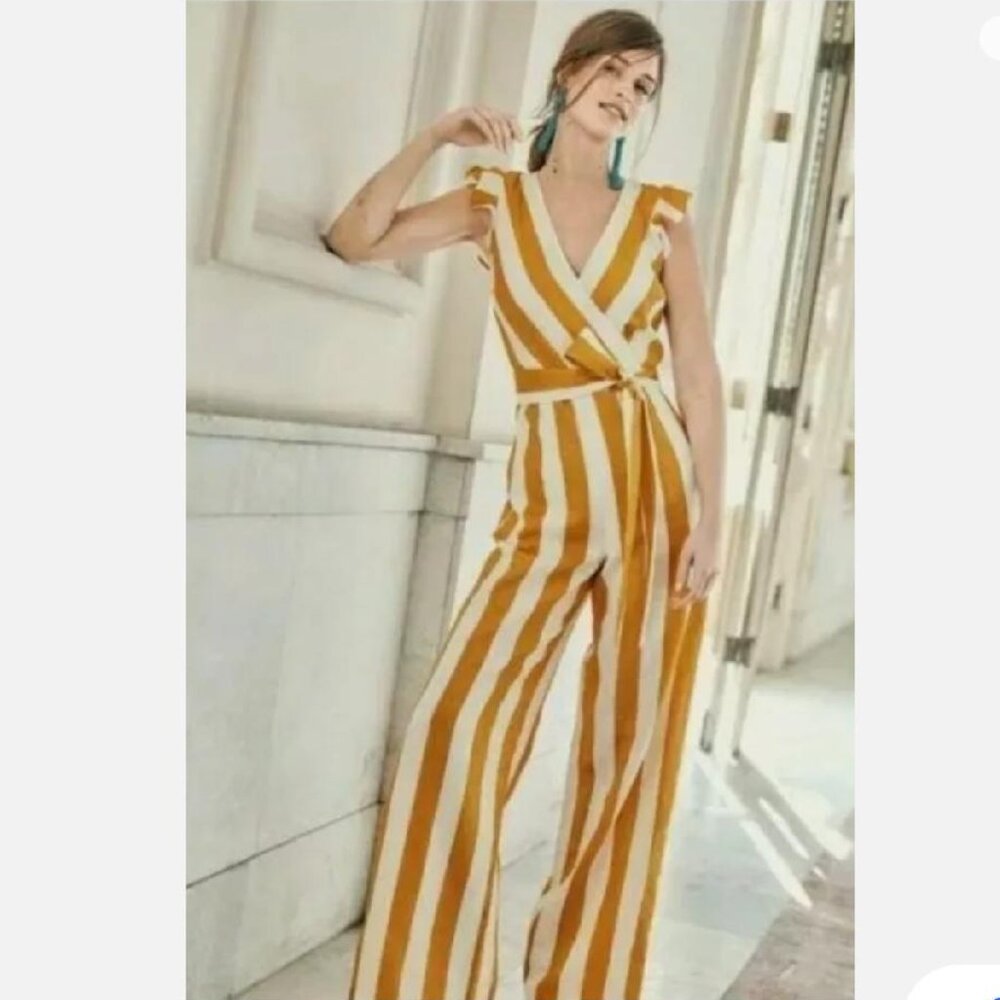 Boden Jumpsuit Mustard Yellow Striped Mila Wide Legged Linen (Women Size 6)